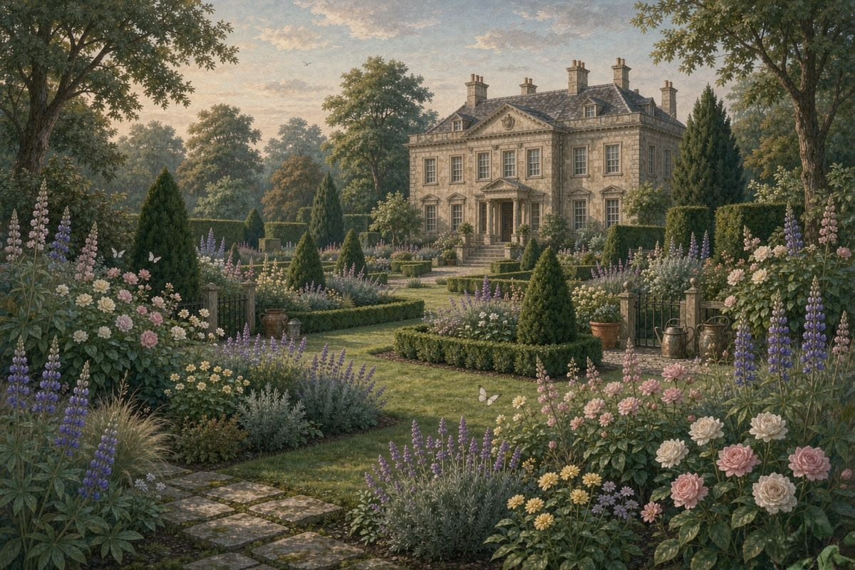 Hillside garden with a historic mansion